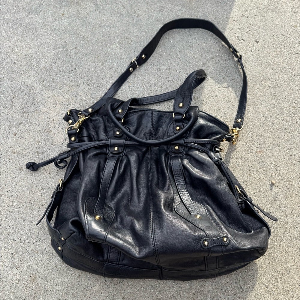 Sabina Black Leather Hobo Crossbody Bag